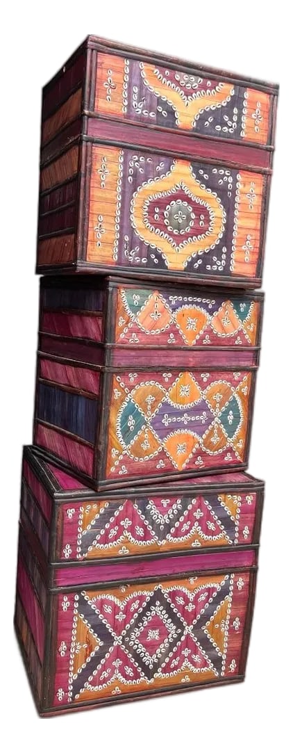 1980s Handcrafted African Storage Boxes With Cowrie Shell Decoration - Set of Three: Add rich texture and artisan craftsmanship to your home with this beautiful set of three handcrafted African storage boxes. Each box is individually made from wood and woven bamboo with hand-applied