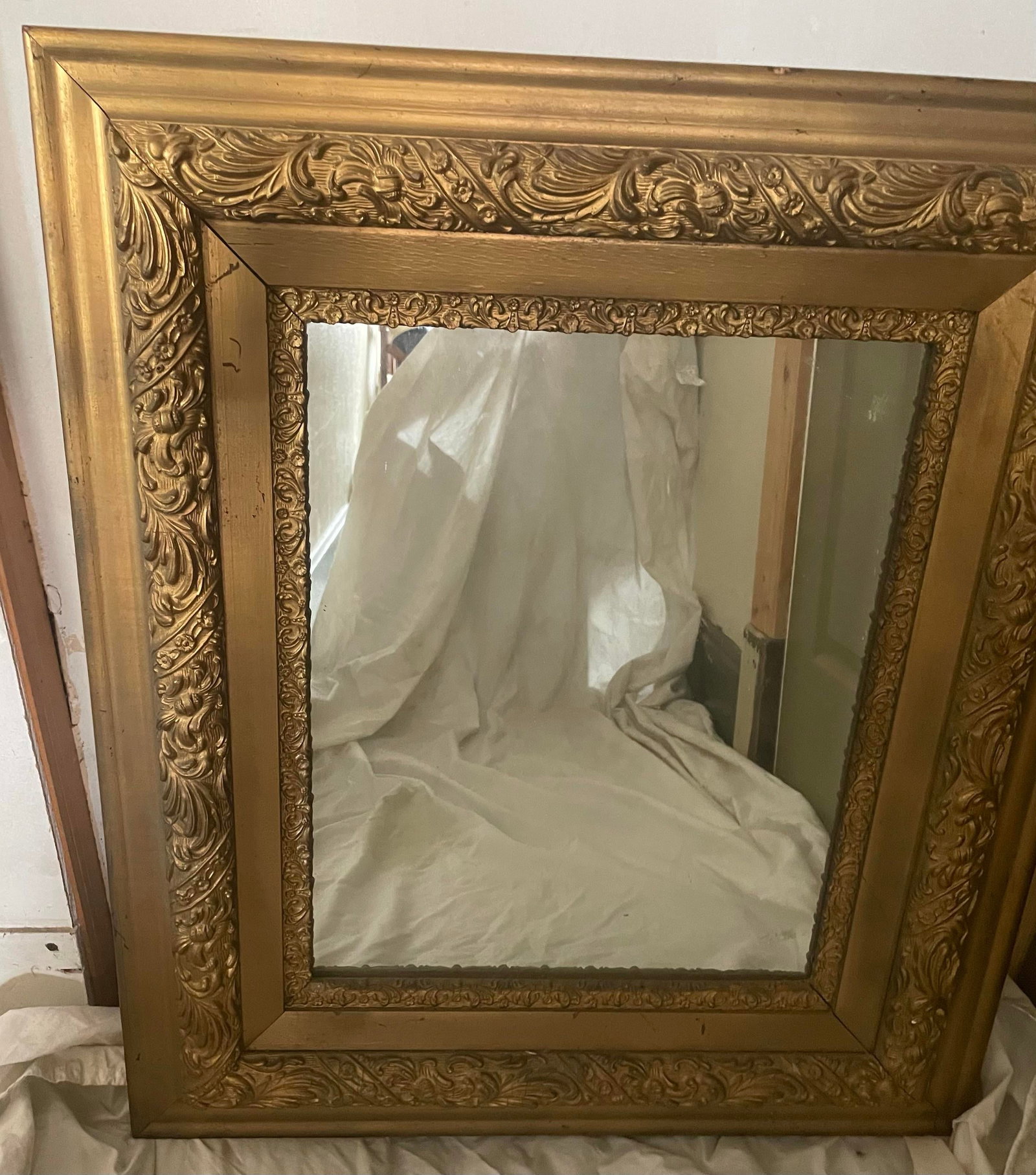Antique Victorian Gold Giltwood Gesso Wide Frame Wall Mirror - 3