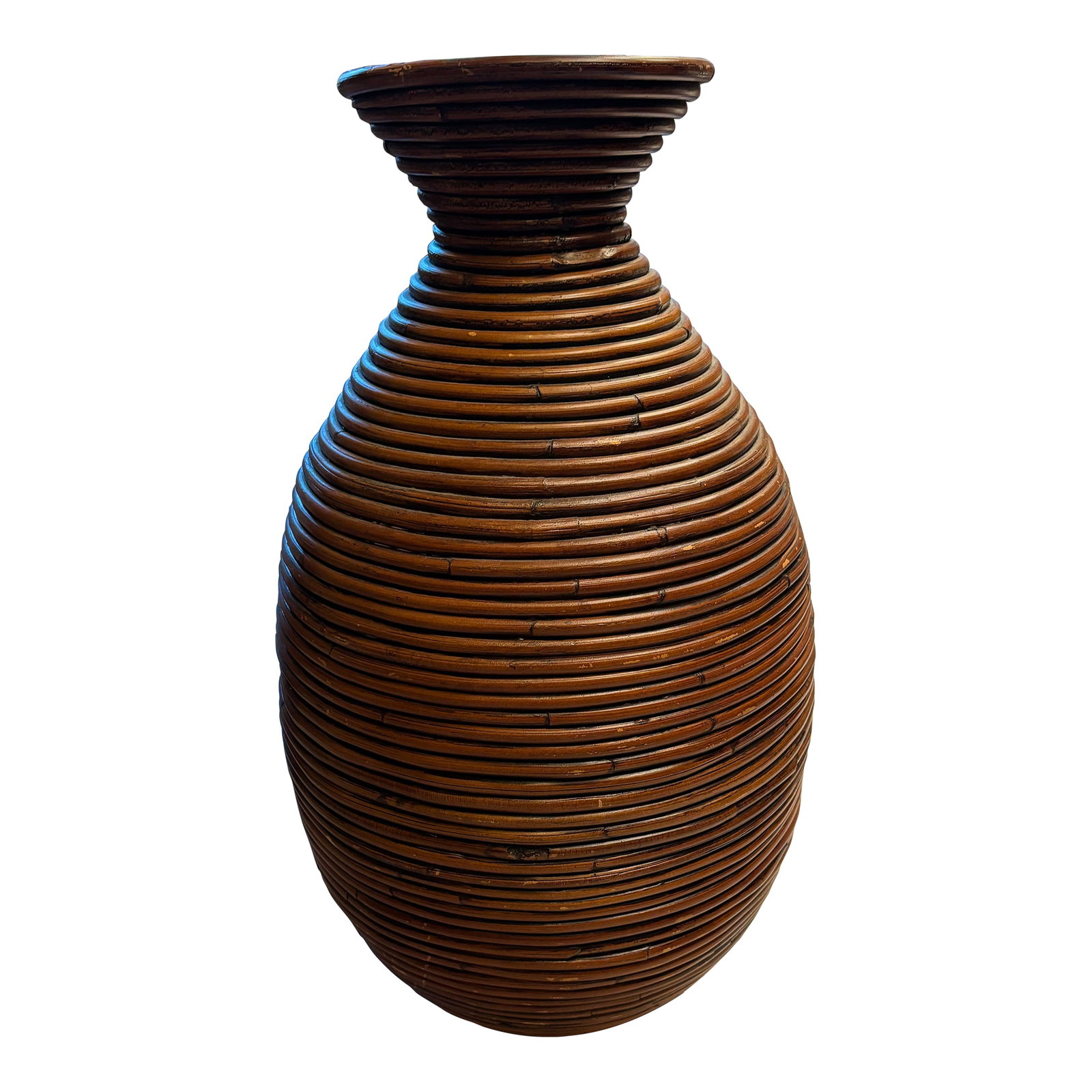 Vintage Mid-Century Modern Crespi Style Pencil Reed Floor Vase [Sr]: Add a timeless touch of organic modern design to your home with this striking vintage Crespi-style pencil reed floor vase. Crafted in the iconic wrapped pencil reed technique popularized during the