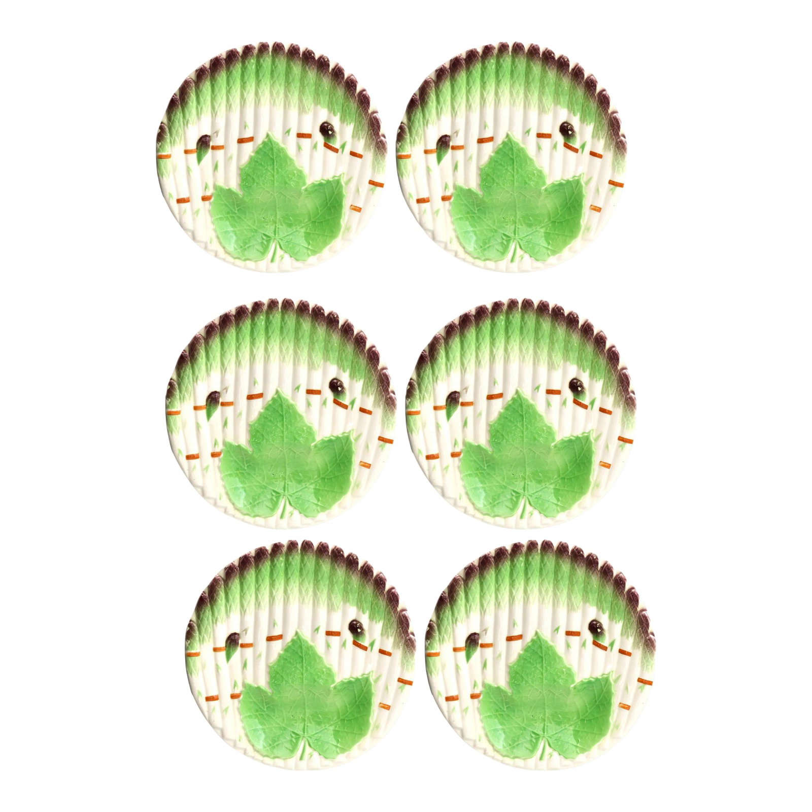 Early 20th Century French Majolica Niderviller Asparagus Plates Set of 6: Set of six vintage French Niderviller majolica asparagus plates with beautifully molded asparagus and vine leaf decoration. Perfect for spring entertaining or display. Marked on the underside.