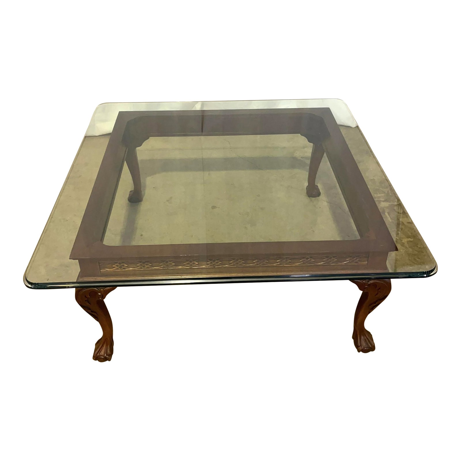 Vintage Chippendale Style Mahogany Square Glass Top Ball and Claw Foot Coffee Table (1 of 4)