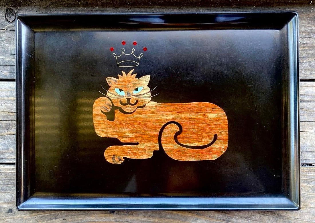 "King Cat" Serving Tray | Mid-Century Modern Wood Inlay With Ruby Red Rhinestone Crown | California, - 2