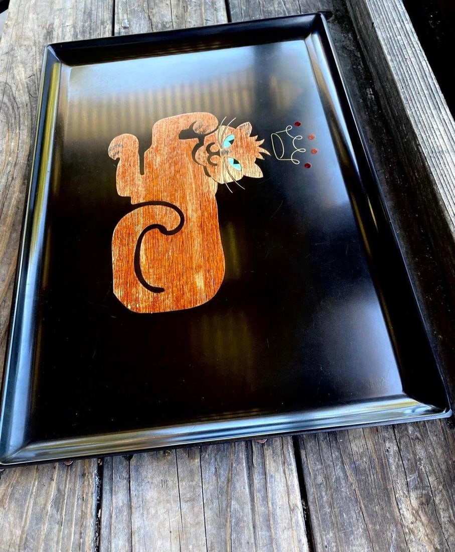"King Cat" Serving Tray | Mid-Century Modern Wood Inlay With Ruby Red Rhinestone Crown | California, - 3