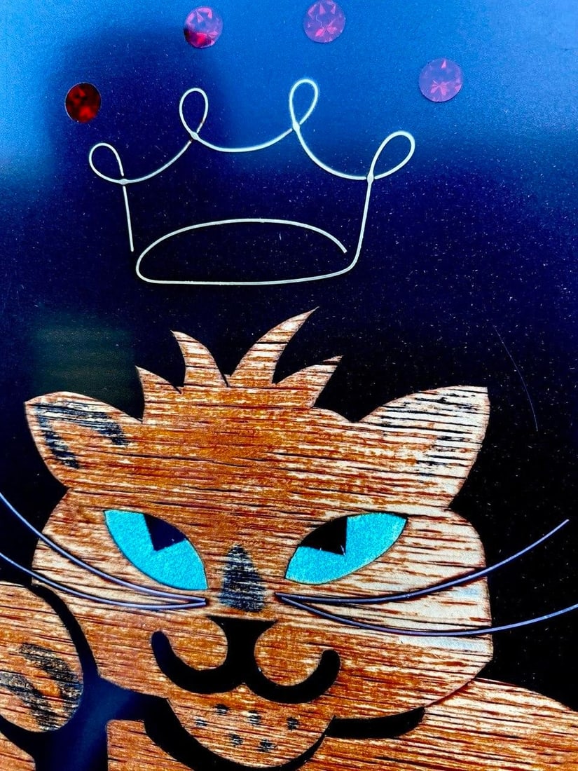 "King Cat" Serving Tray | Mid-Century Modern Wood Inlay With Ruby Red Rhinestone Crown | California, - 4