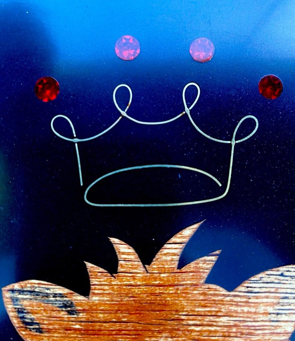 "King Cat" Serving Tray | Mid-Century Modern Wood Inlay With Ruby Red Rhinestone Crown | California, - 5