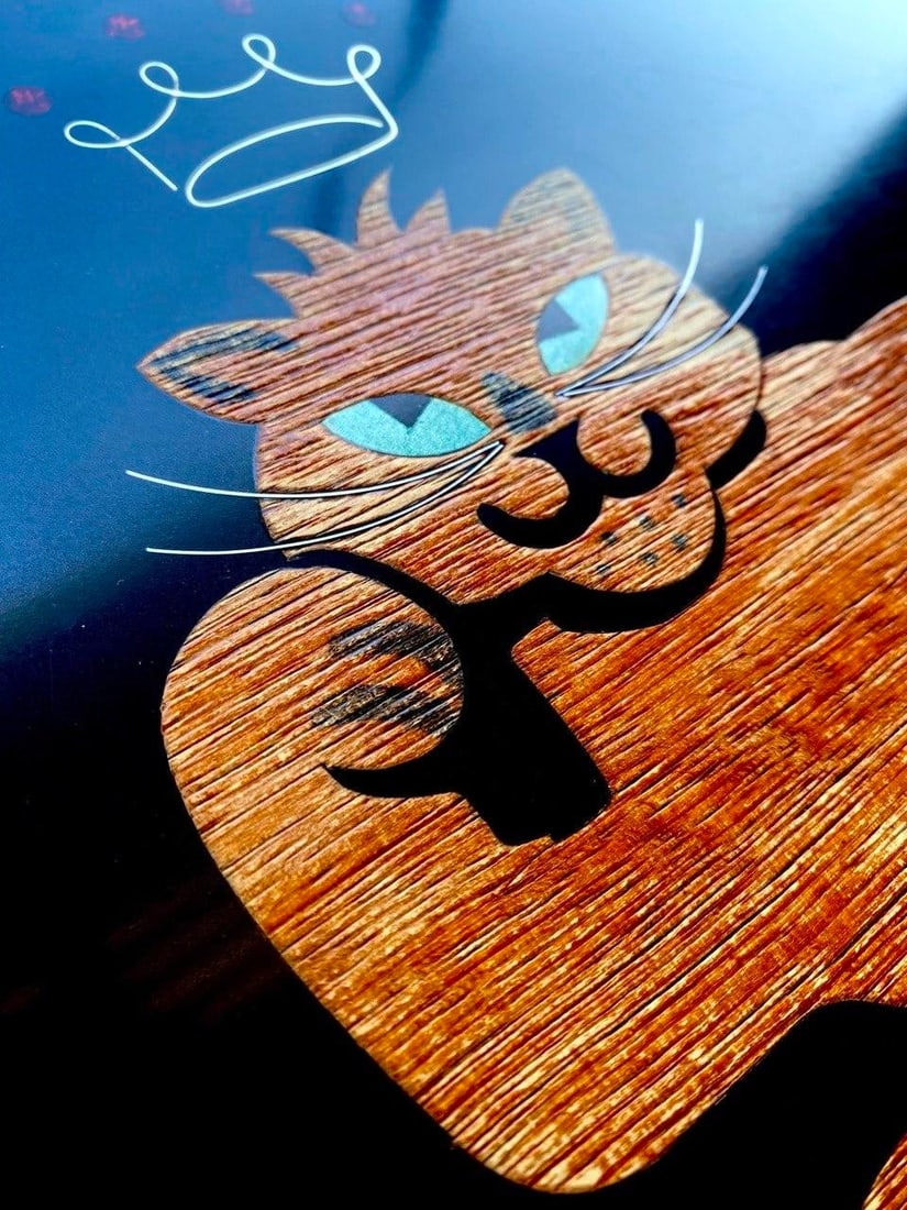 "King Cat" Serving Tray | Mid-Century Modern Wood Inlay With Ruby Red Rhinestone Crown | California, - 6