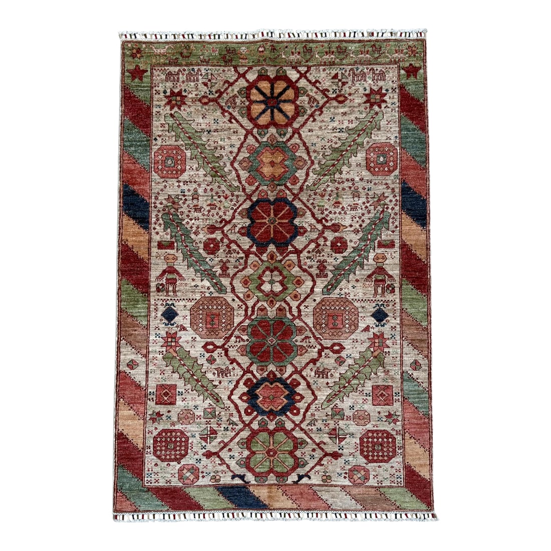Ivory Mamluk Design Area Rug, 03'11 X 05'11: A hand-knotted area rug in the Mamluk design, woven on a soft ivory ground with madder red, sage green, gold and indigo. Hand-spun wool, knotted by hand. The Mamluk carpets of Cairo are built