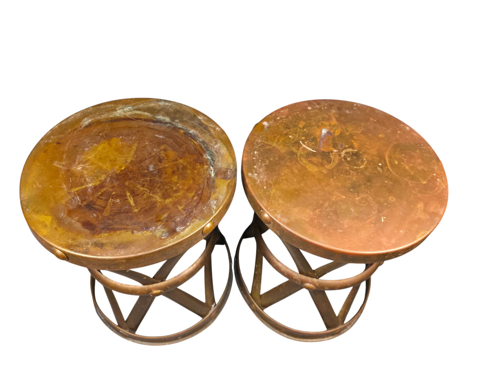 1970s Brass X-Form Drum Side Tables or Stools Attributed to Sarreid, Pair - 2