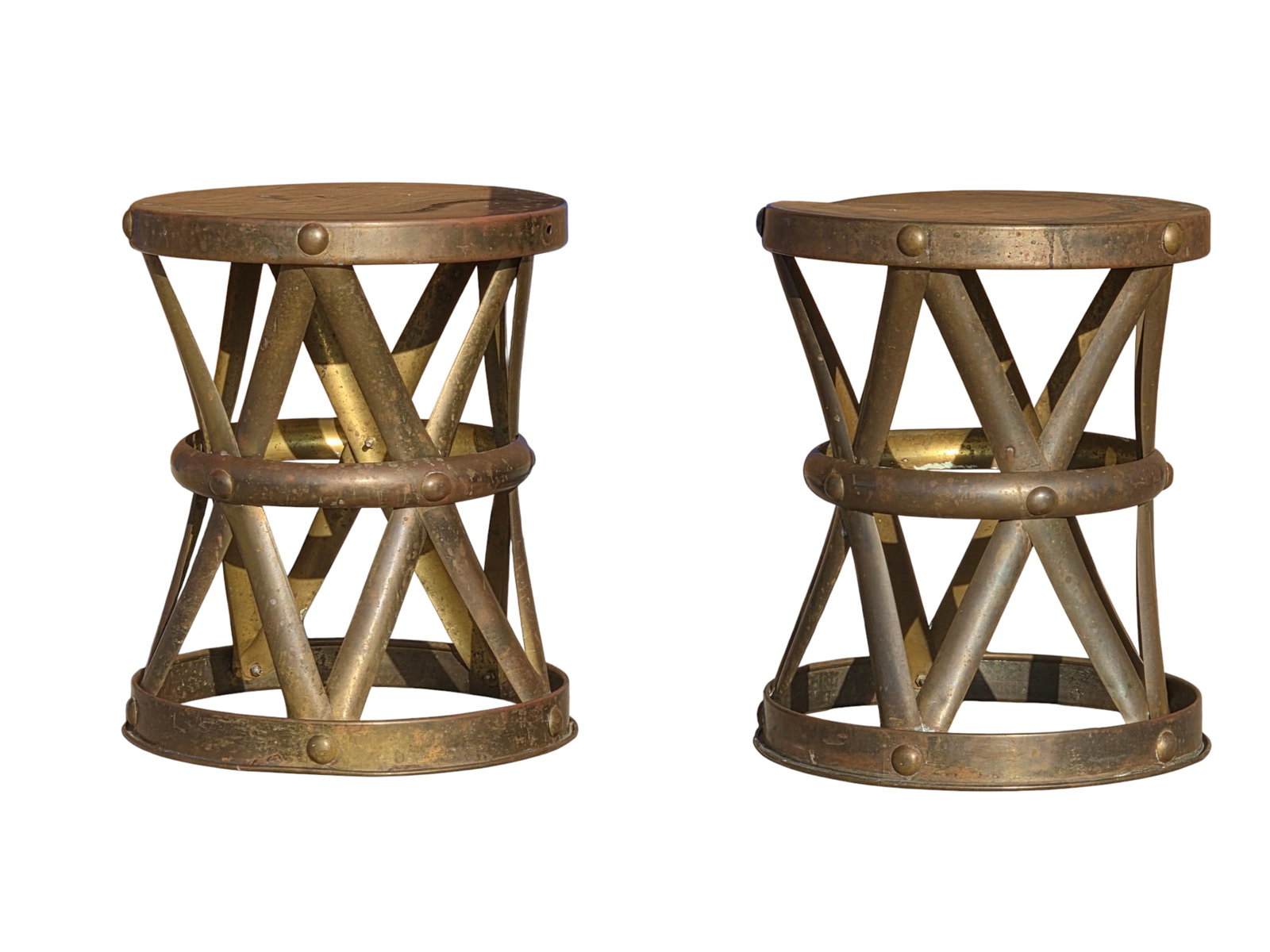 1970s Brass X-Form Drum Side Tables or Stools Attributed to Sarreid, Pair - 3