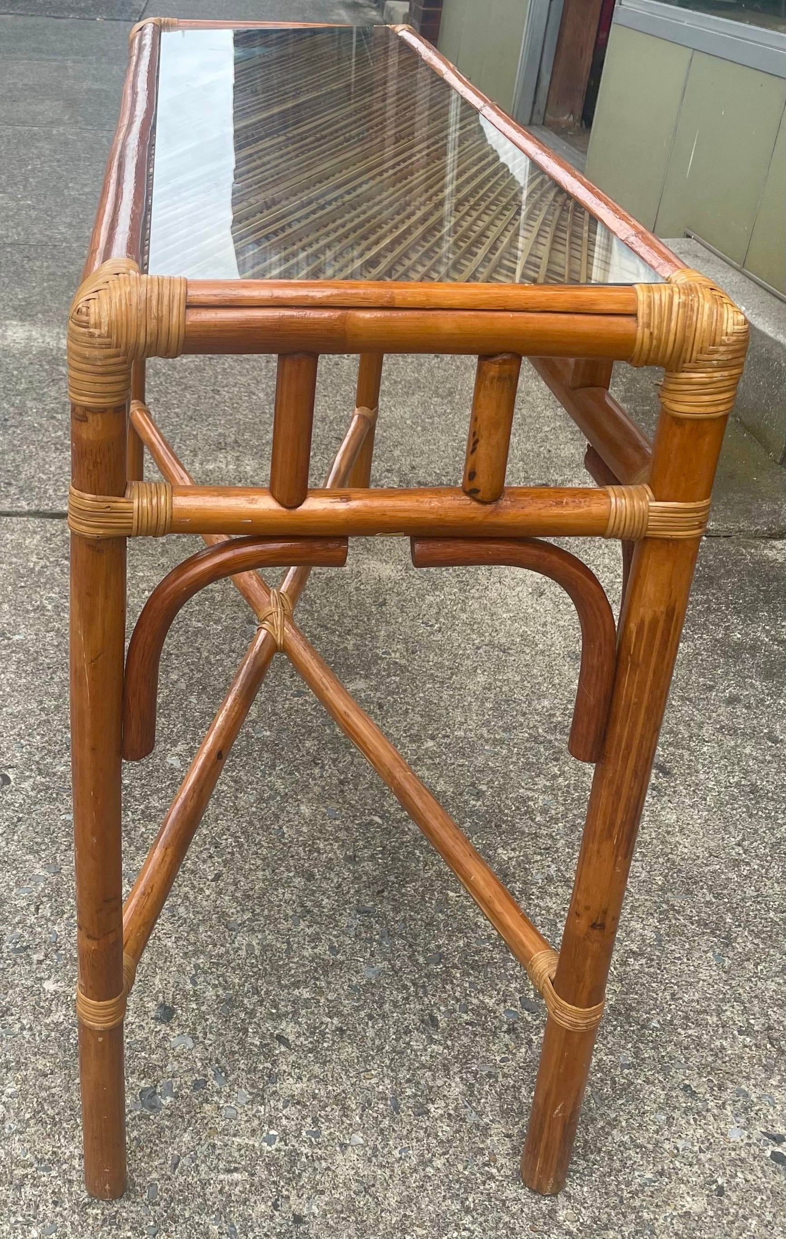 Late 20th Century Coastal Bamboo Sofa Console Table Server Rattan Glass Top - 2