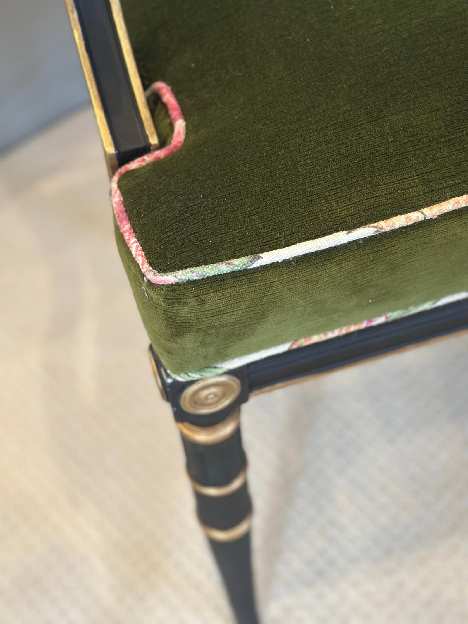 Antique Regency-Style Ebonized & Gilt Armchair With Cane Back & Green Velvet - 2