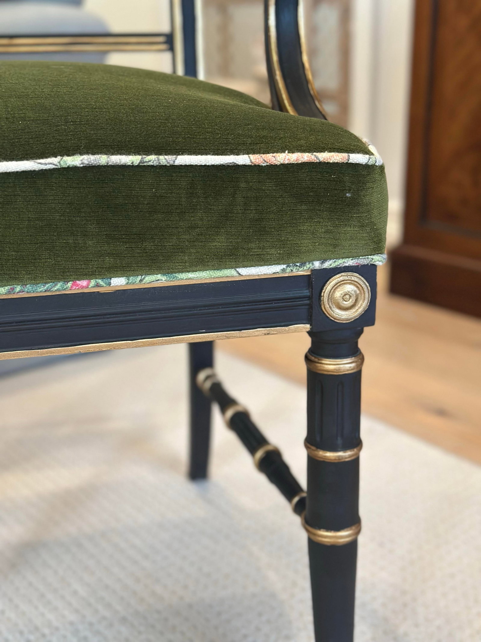 Antique Regency-Style Ebonized & Gilt Armchair With Cane Back & Green Velvet - 3