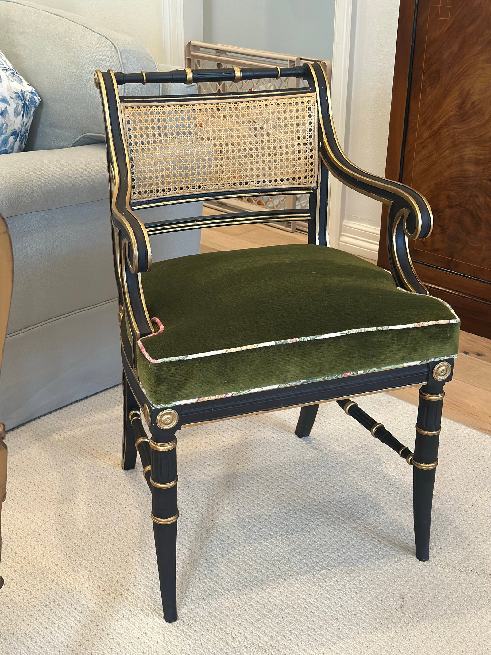 Antique Regency-Style Ebonized & Gilt Armchair With Cane Back & Green Velvet - 4