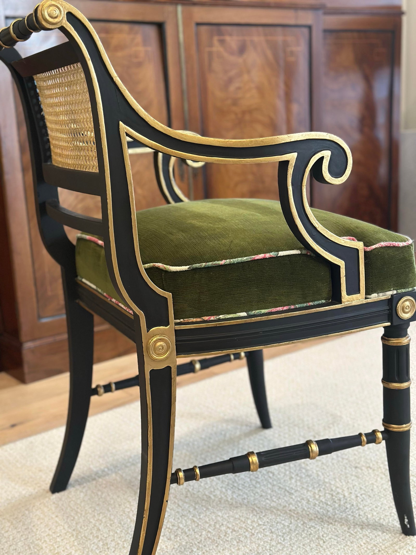 Antique Regency-Style Ebonized & Gilt Armchair With Cane Back & Green Velvet - 5