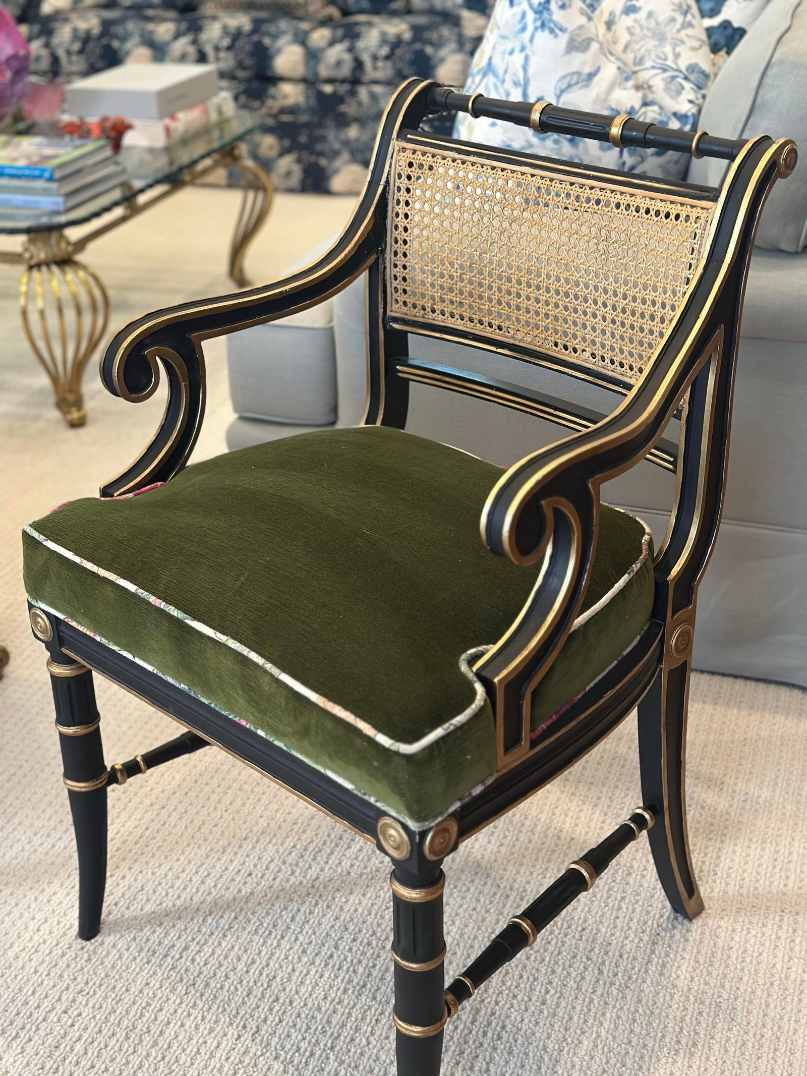 Antique Regency-Style Ebonized & Gilt Armchair With Cane Back & Green Velvet - 6