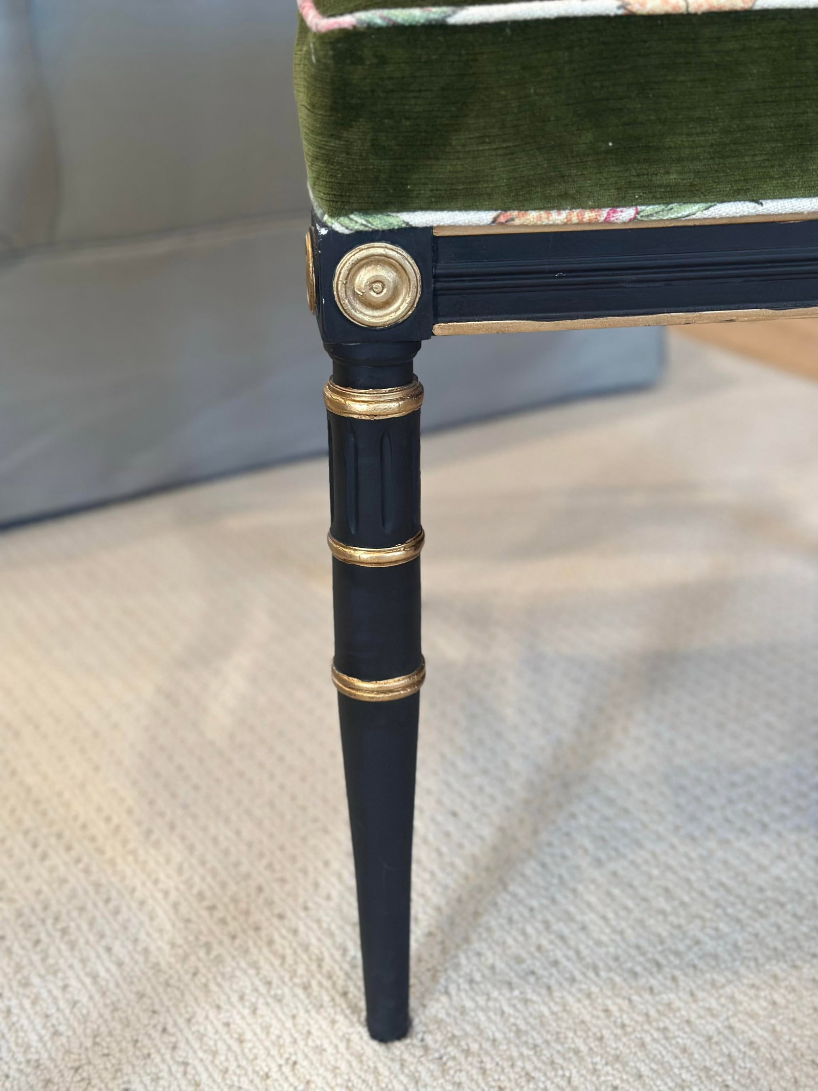 Antique Regency-Style Ebonized & Gilt Armchair With Cane Back & Green Velvet - 7