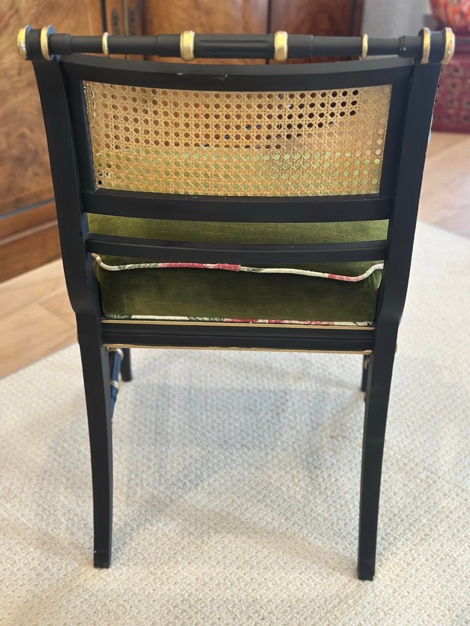 Antique Regency-Style Ebonized & Gilt Armchair With Cane Back & Green Velvet - 8