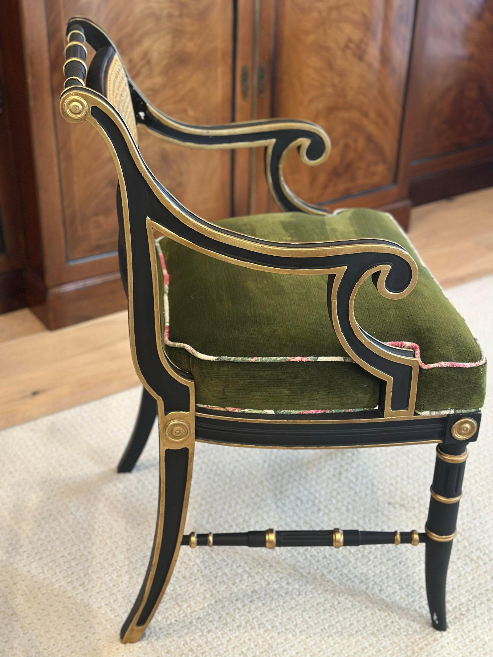 Antique Regency-Style Ebonized & Gilt Armchair With Cane Back & Green Velvet - 9