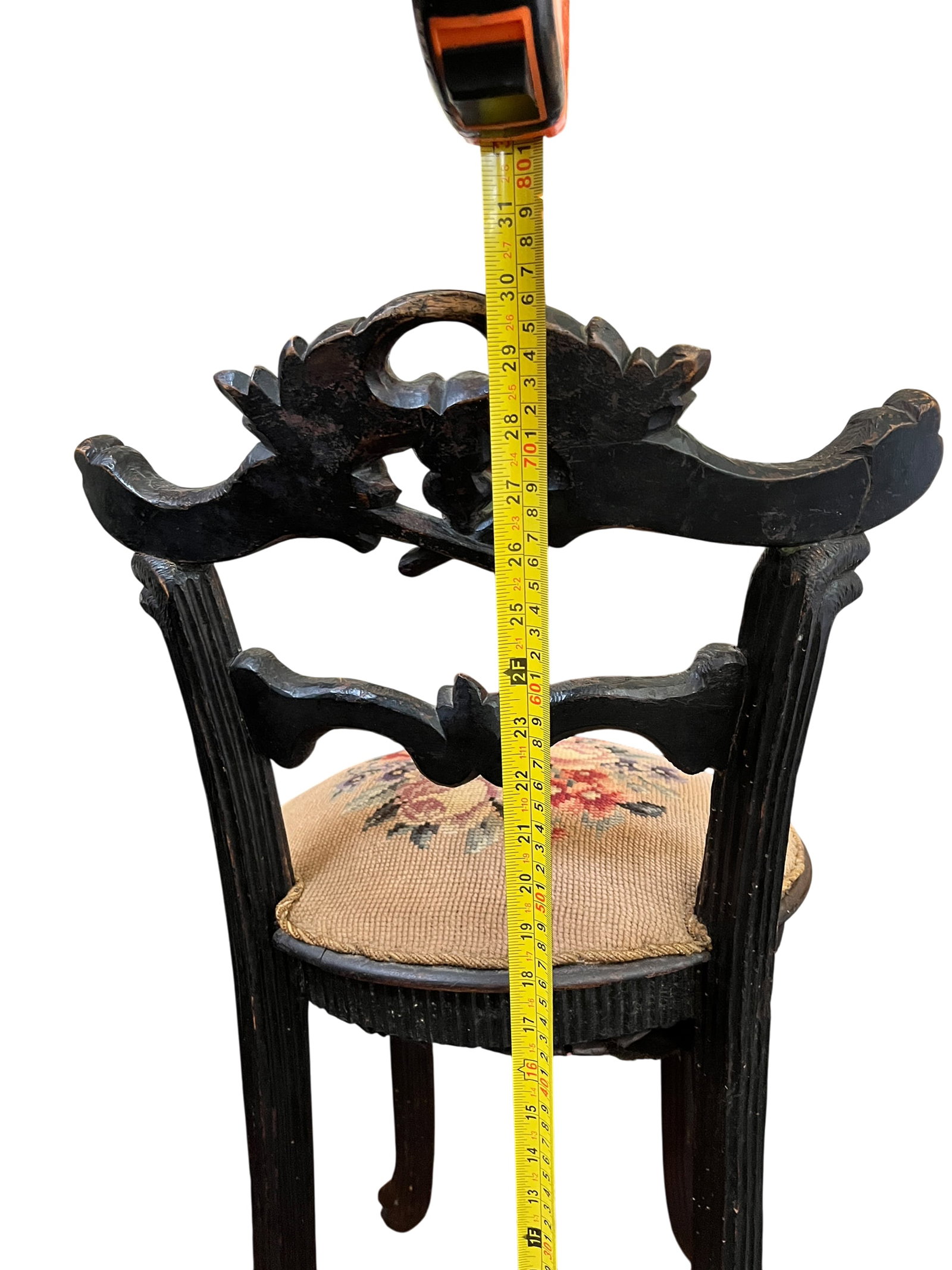 Antique 19th Century Hand-Carved Ebonized Faux Bois Aesthetic Movement Boudoir Vanity Side Chair Wit - 13
