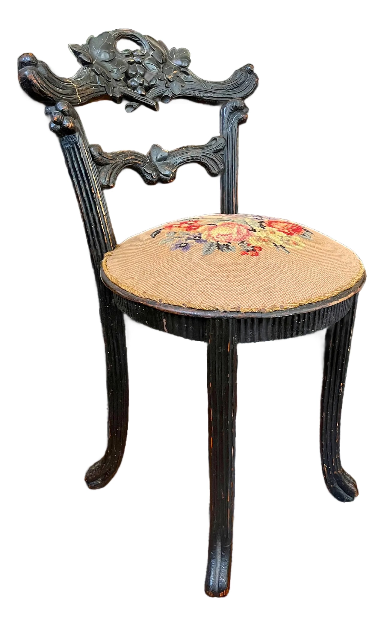Antique 19th Century Hand-Carved Ebonized Faux Bois Aesthetic Movement Boudoir Vanity Side Chair Wit: A wonderfully unusual 19th-century hand-carved side chair combining the naturalistic forms of faux bois with the decorative exuberance of the Aesthetic Movement. The sculptural wood frame is carved