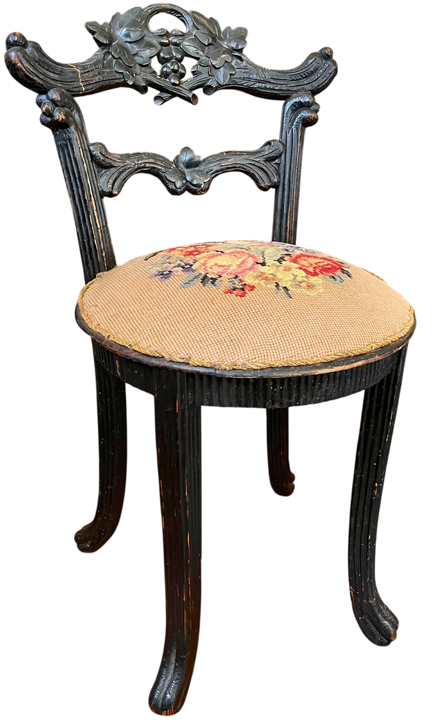 Antique 19th Century Hand-Carved Ebonized Faux Bois Aesthetic Movement Boudoir Vanity Side Chair Wit - 2