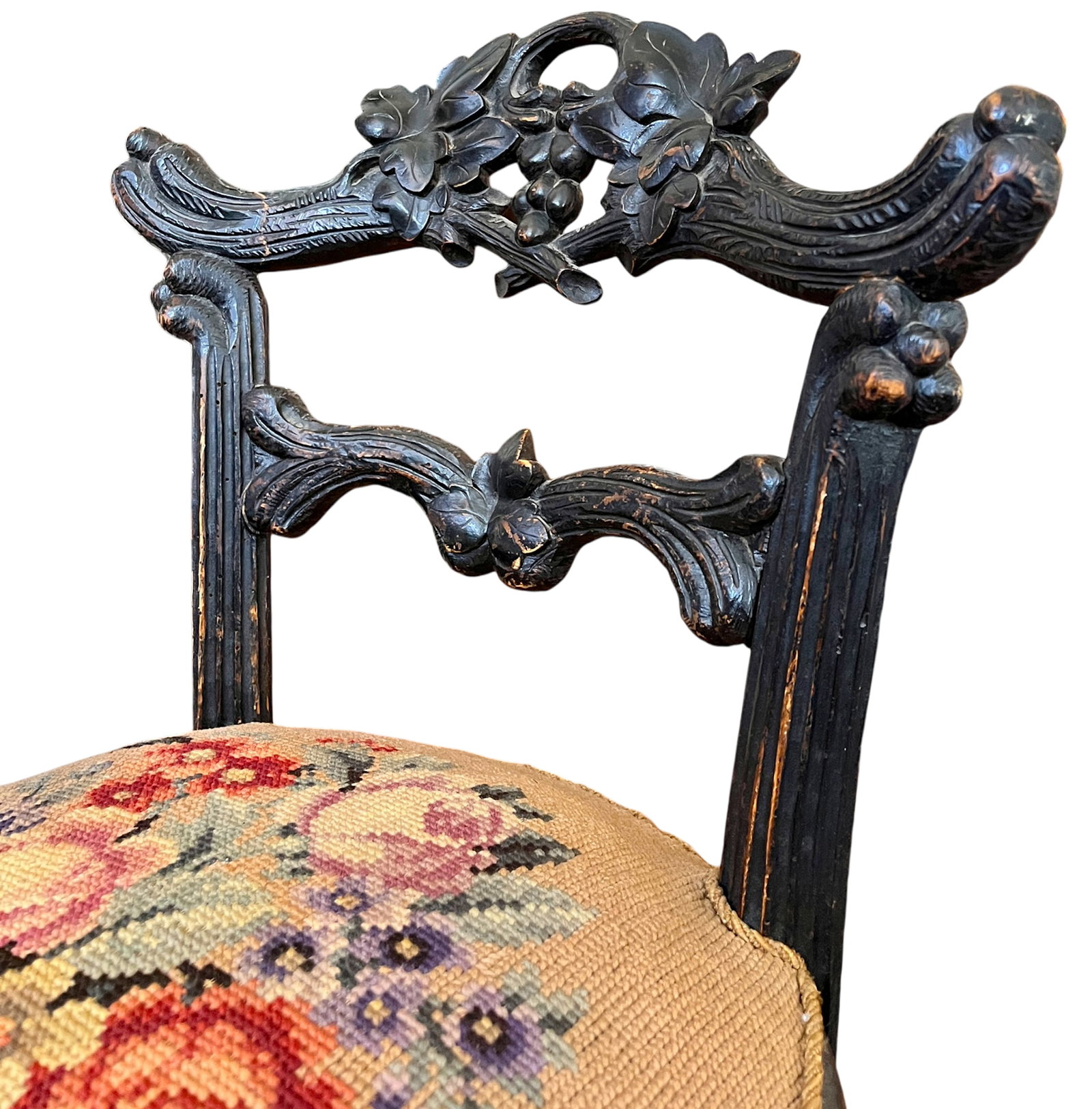 Antique 19th Century Hand-Carved Ebonized Faux Bois Aesthetic Movement Boudoir Vanity Side Chair Wit - 3