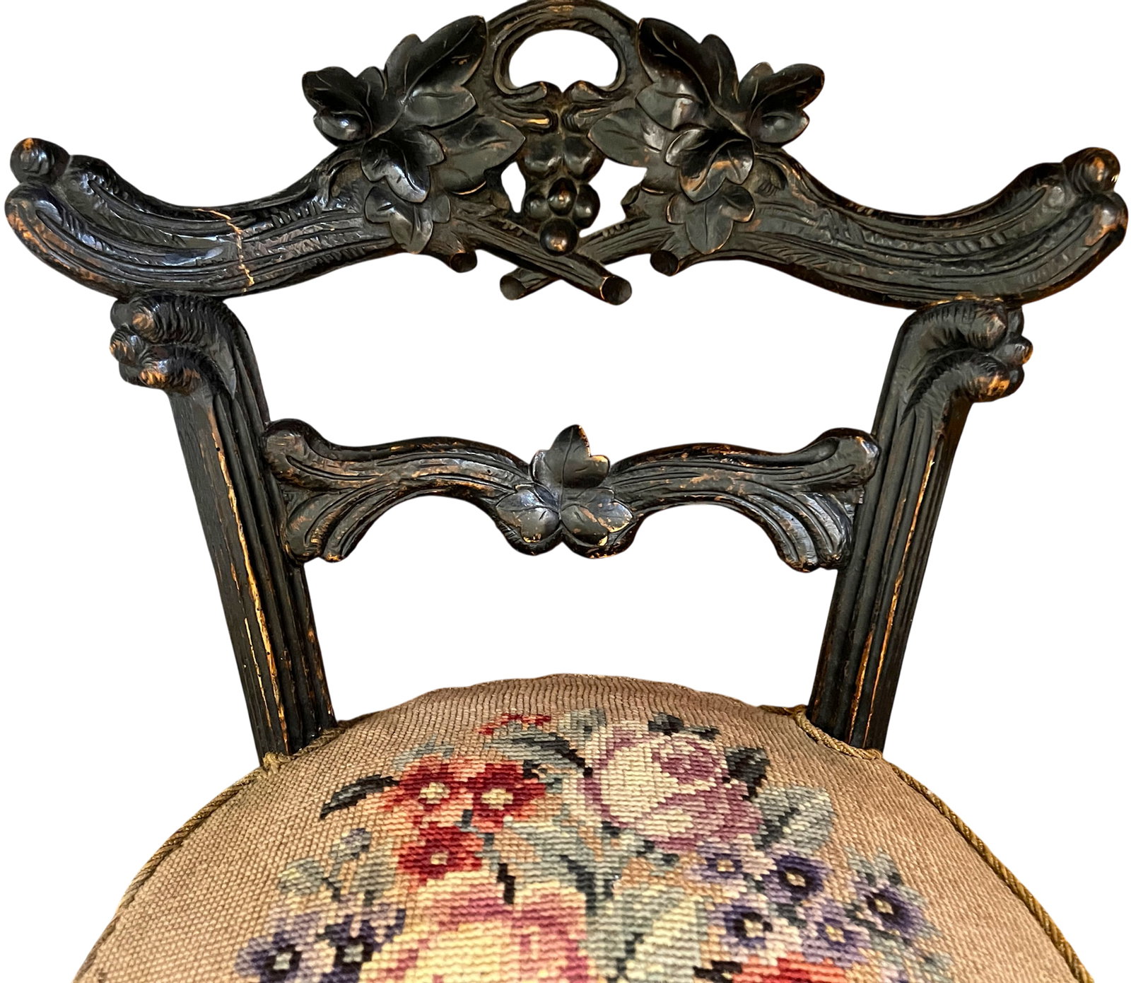 Antique 19th Century Hand-Carved Ebonized Faux Bois Aesthetic Movement Boudoir Vanity Side Chair Wit - 4