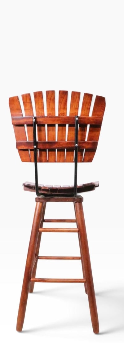 Pair Mid Century Wood Slat Swivel Bar Height Stools by Arthur Umanoff - 2