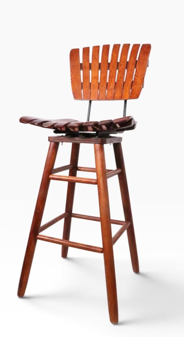 Pair Mid Century Wood Slat Swivel Bar Height Stools by Arthur Umanoff - 4