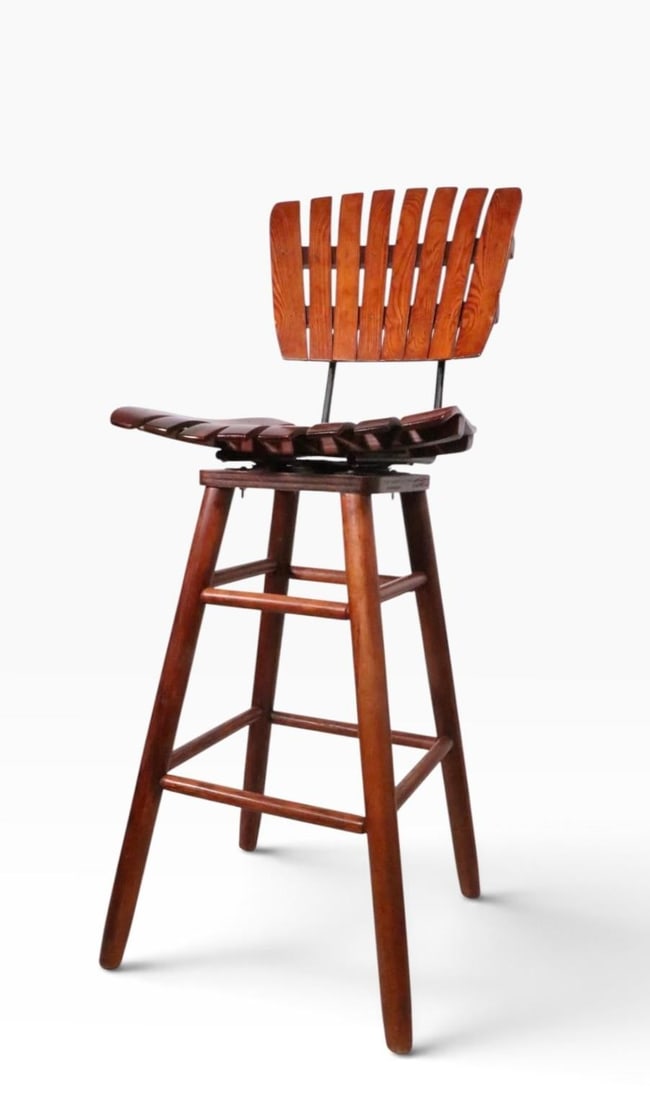Pair Mid Century Wood Slat Swivel Bar Height Stools by Arthur Umanoff - 5