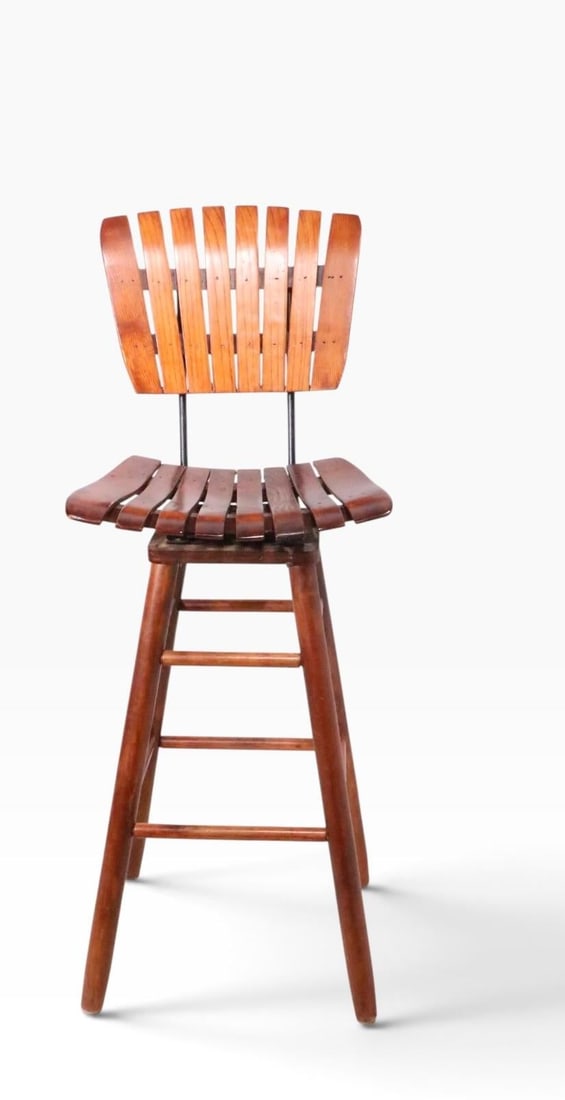Pair Mid Century Wood Slat Swivel Bar Height Stools by Arthur Umanoff - 7
