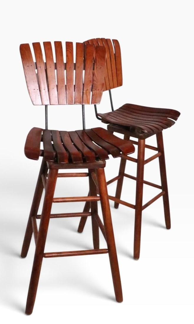 Pair Mid Century Wood Slat Swivel Bar Height Stools by Arthur Umanoff - 8