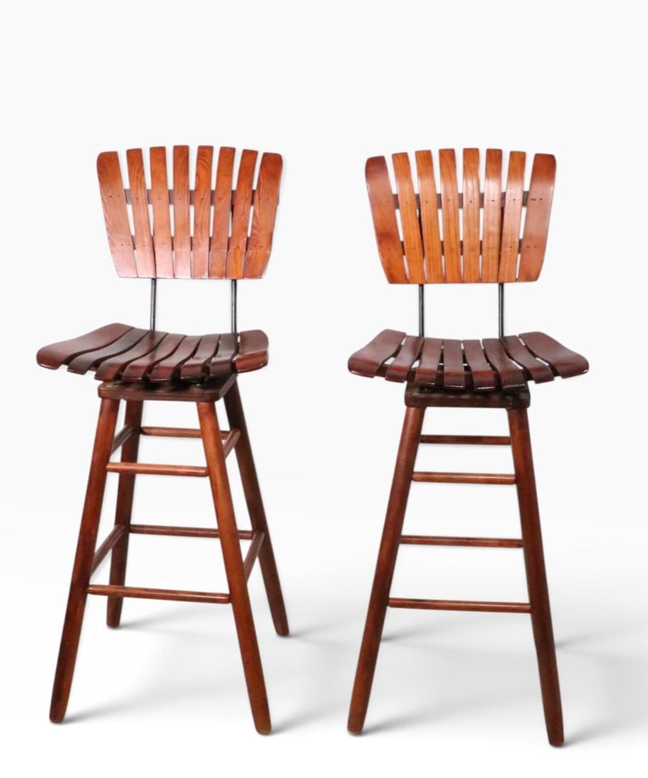 Pair Mid Century Wood Slat Swivel Bar Height Stools by Arthur Umanoff - 9