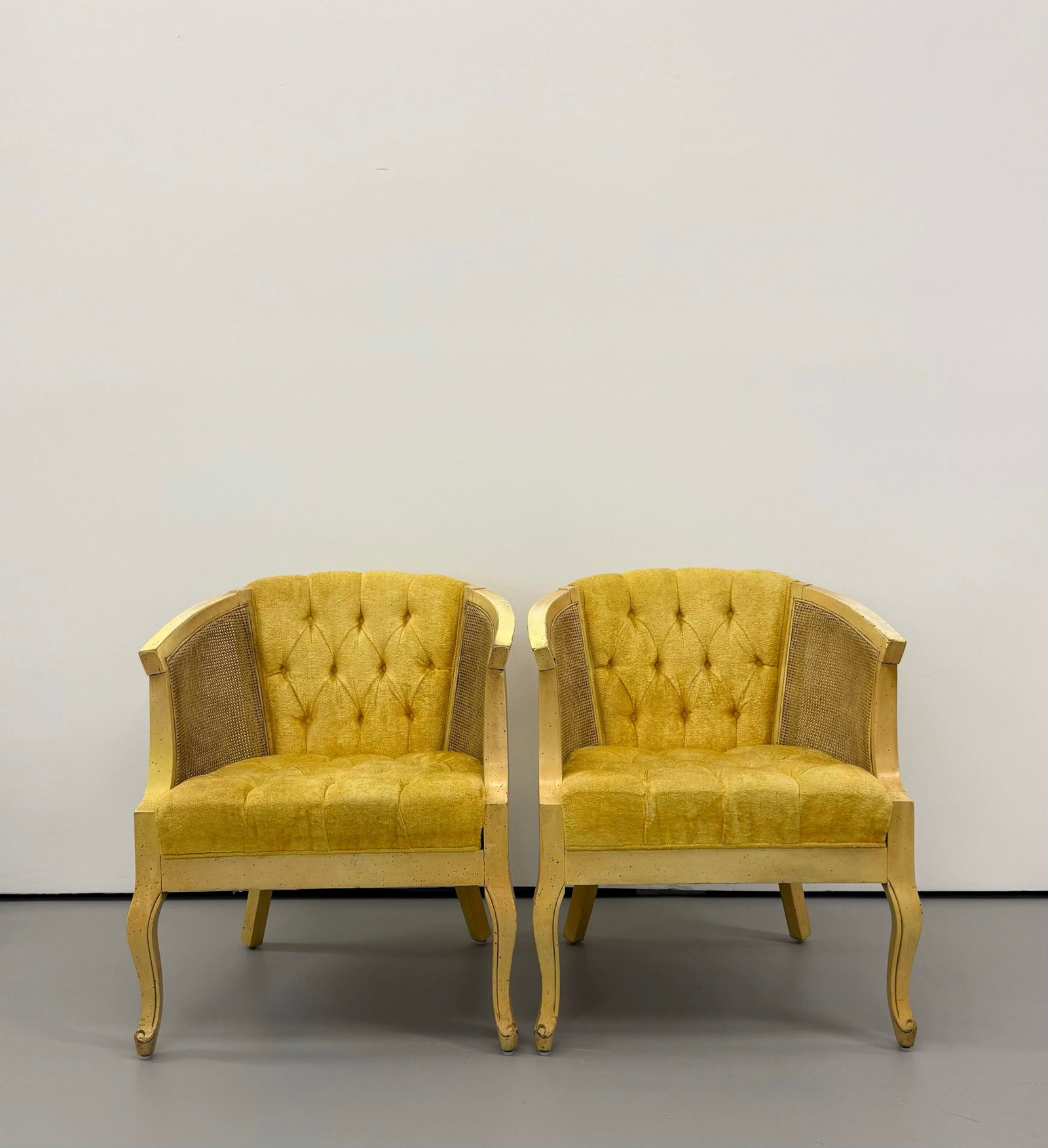 Vintage Cane & Tufted Velvet Barrel Chairs - Pair - 2