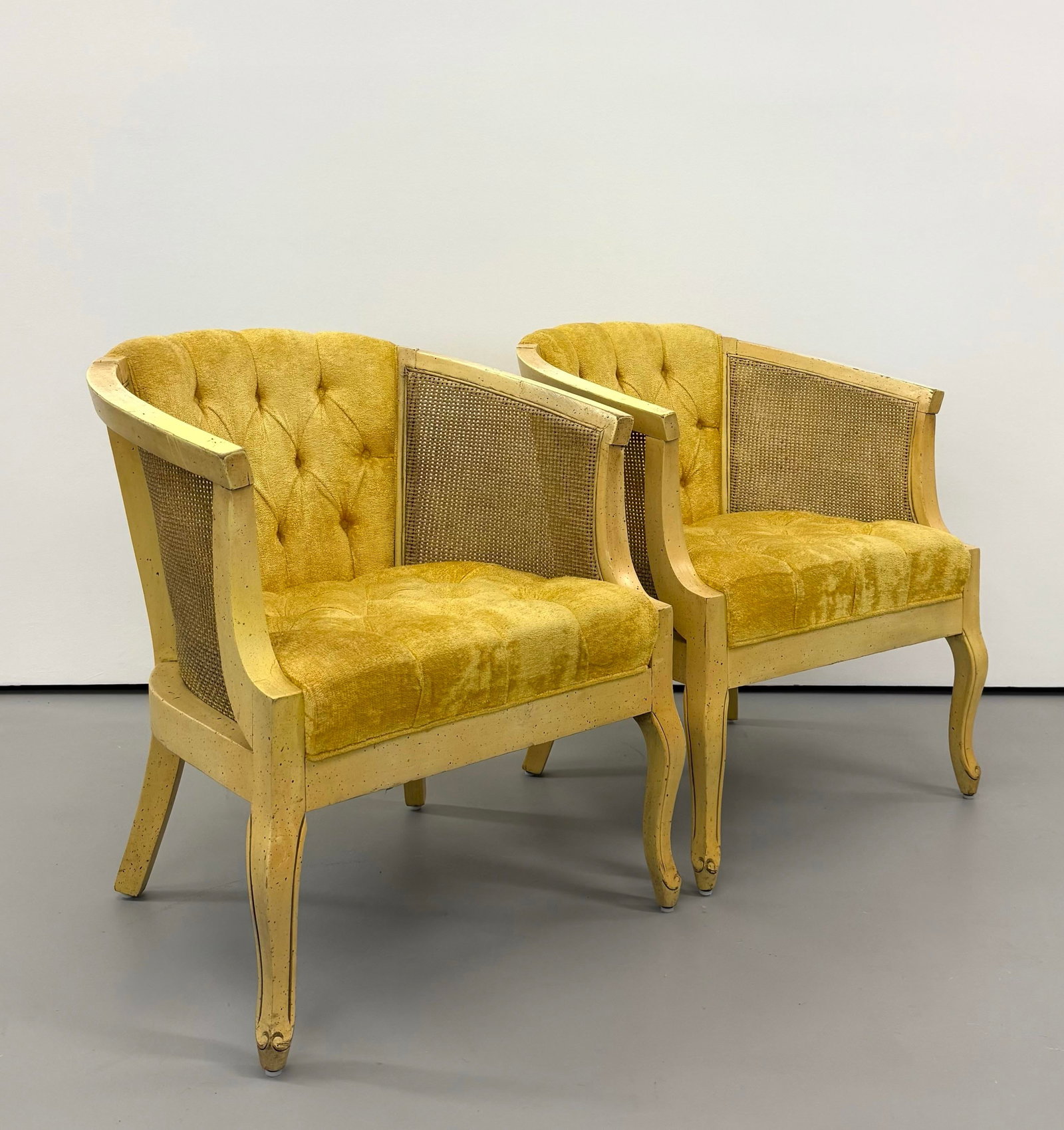 Vintage Cane & Tufted Velvet Barrel Chairs - Pair - 3