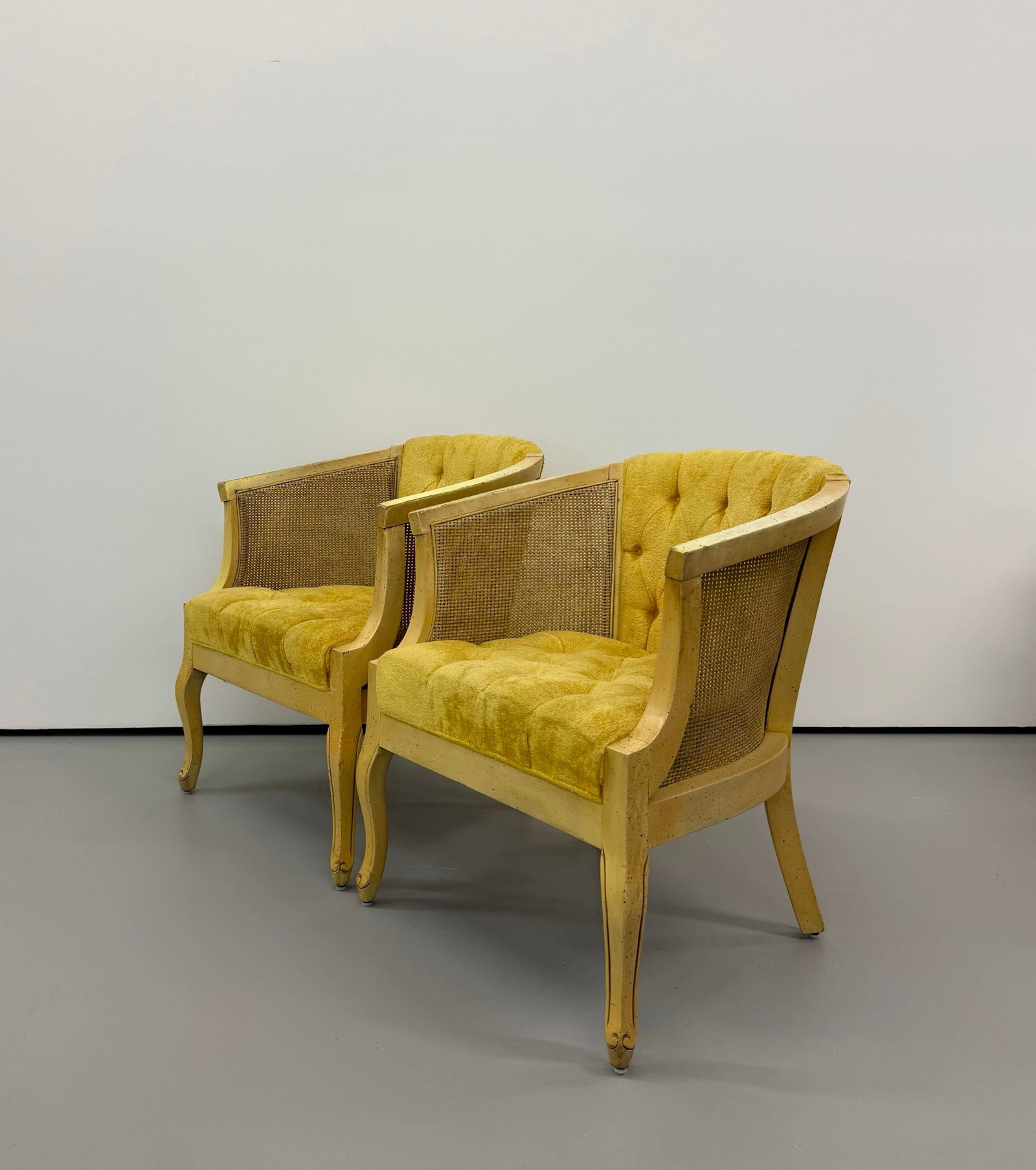 Vintage Cane & Tufted Velvet Barrel Chairs - Pair - 4