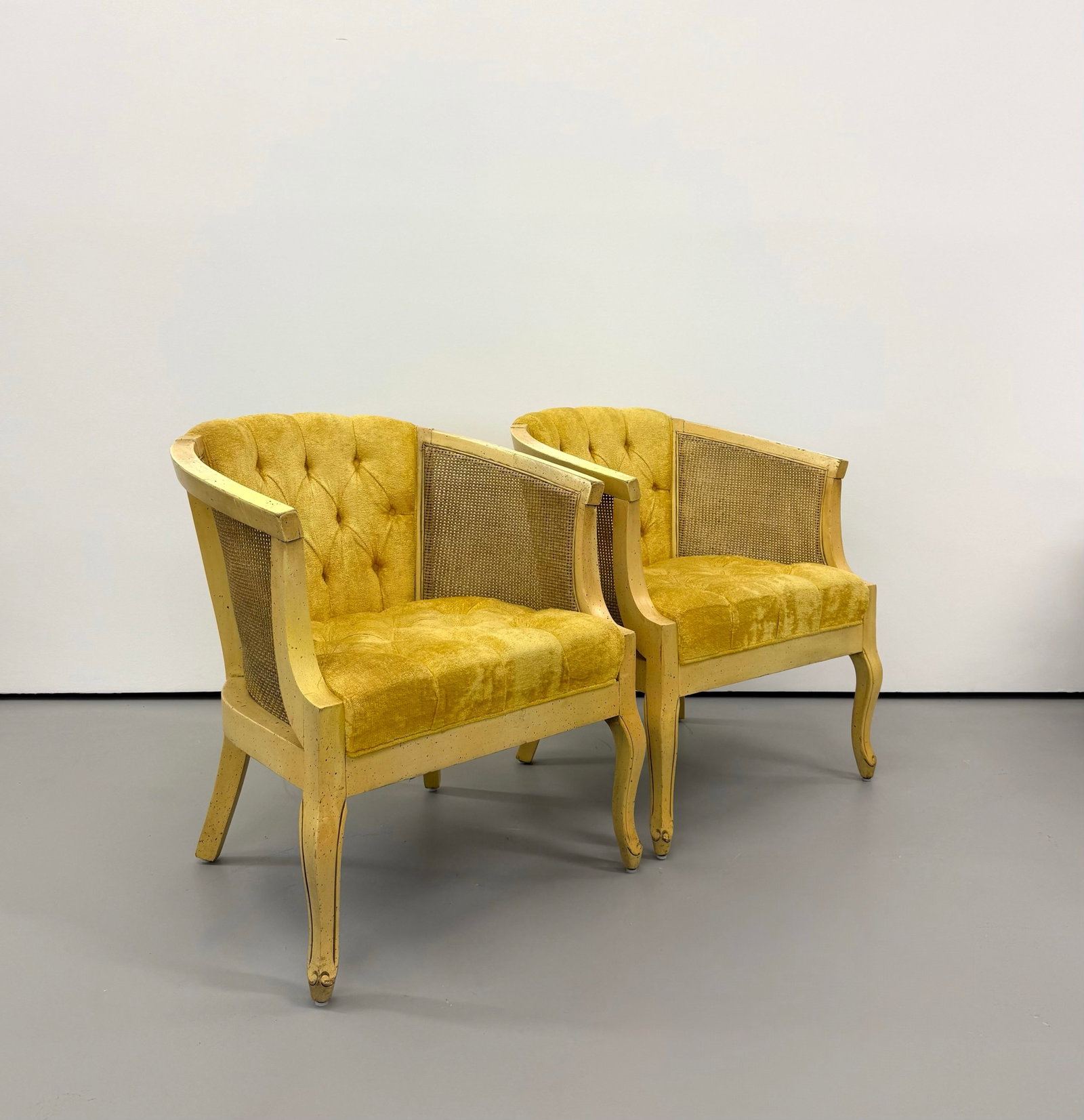 Vintage Cane & Tufted Velvet Barrel Chairs - Pair - 6
