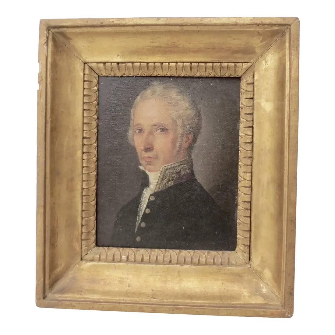 18th Century Gentlemans Formal Portrait: A beautiful painting of a mature gentleman with a lace collar and a gold metallic embroidered collar. 18th-century style formal portrait. Likely French or Italian work. Painted on thick beveled wood