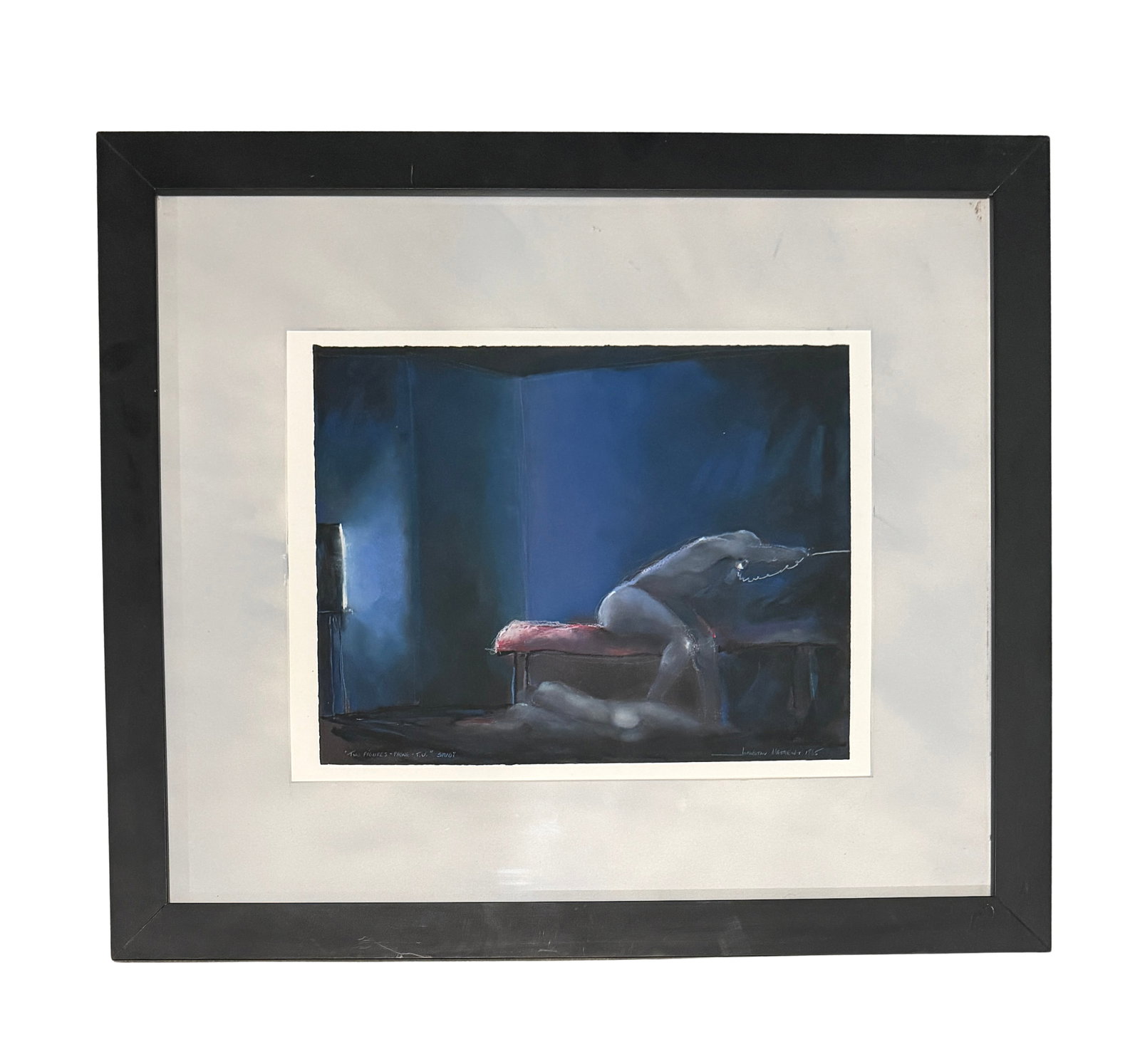 Matthew Johnston - Two Figures - Phone - t.v. - Study, 1985, Mixed Media on Paper: Matthew Johnston (American), Two Figures - Phone - T.V. - Study, 1985. Original mixed-media work on paper depicting two figures within a dramatically lit interior. One figure sits on the edge of a