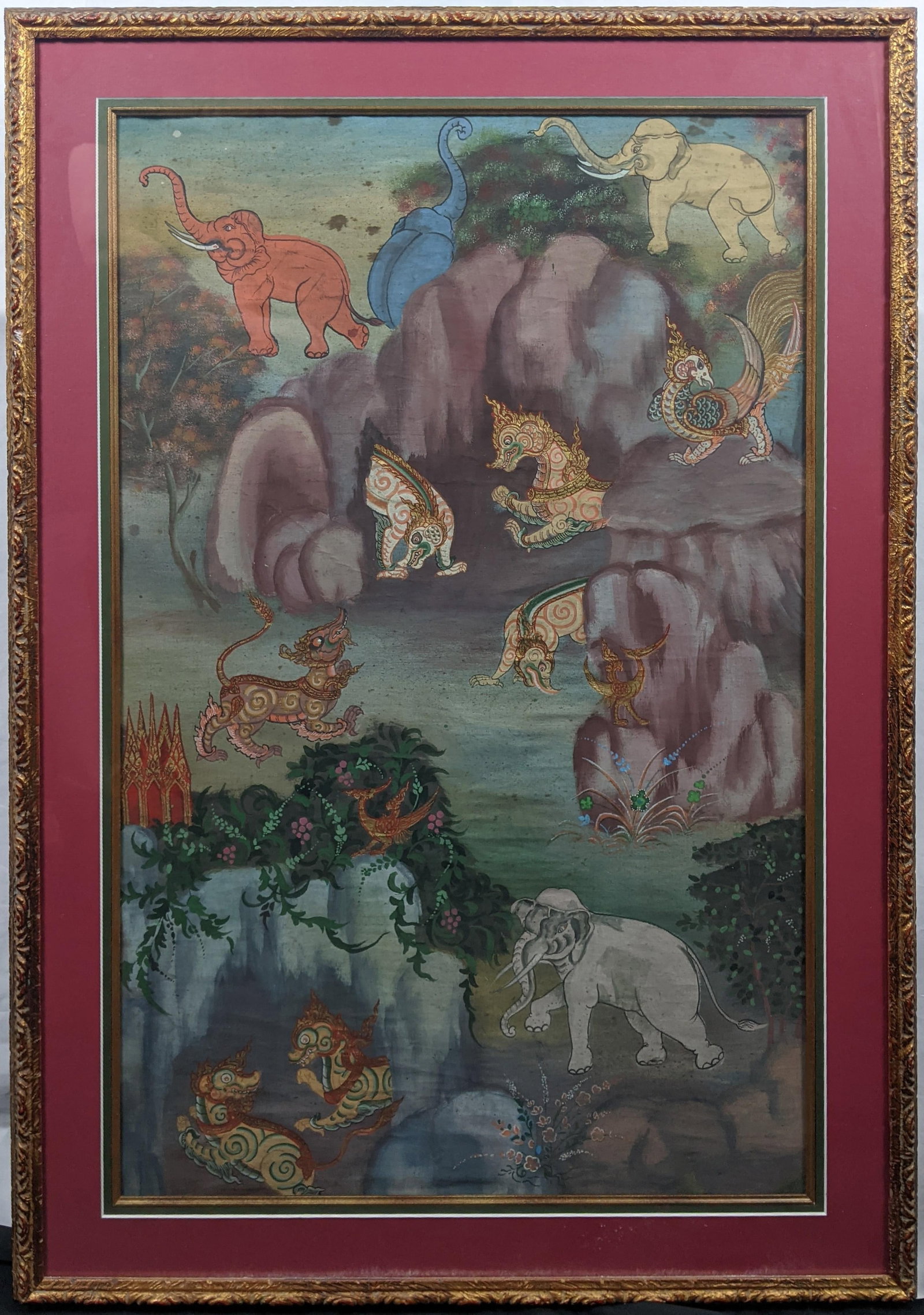 Late 20th Century Pair of Thai-Style Mythological Narrative Paintings on Cloth, Gilt Frames - 2