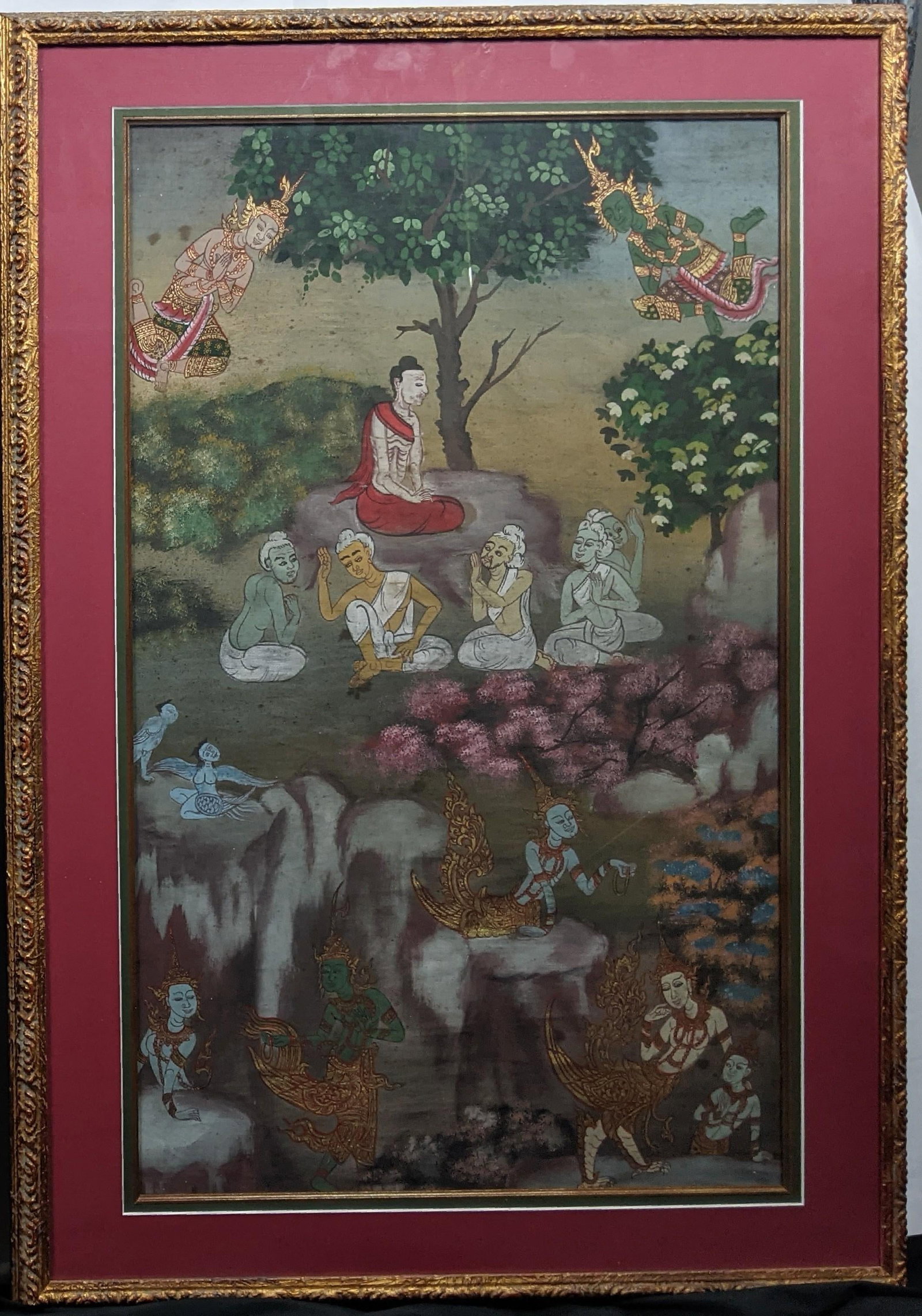 Late 20th Century Pair of Thai-Style Mythological Narrative Paintings on Cloth, Gilt Frames - 3