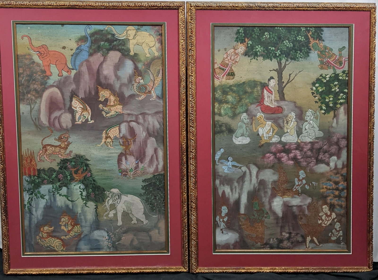 Late 20th Century Pair of Thai-Style Mythological Narrative Paintings on Cloth, Gilt Frames - 4
