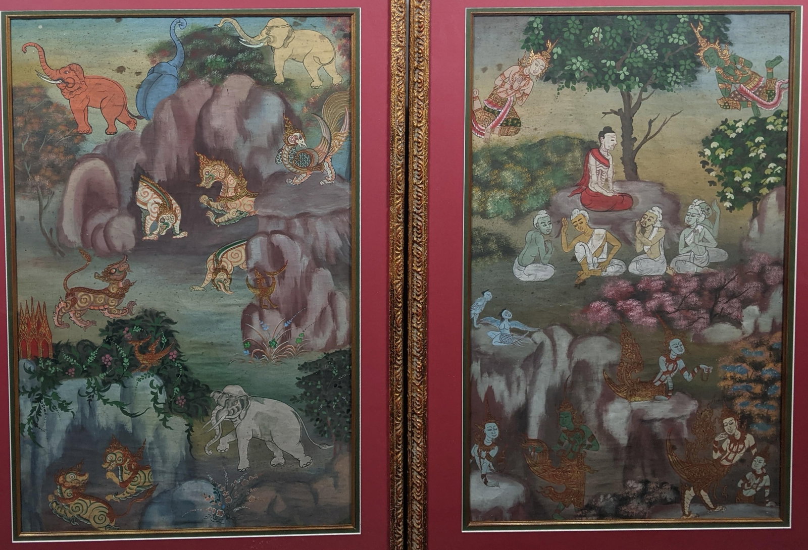 Late 20th Century Pair of Thai-Style Mythological Narrative Paintings on Cloth, Gilt Frames - 5