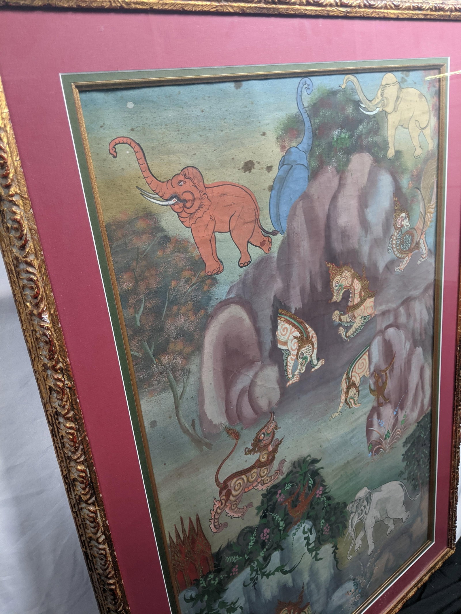 Late 20th Century Pair of Thai-Style Mythological Narrative Paintings on Cloth, Gilt Frames - 6