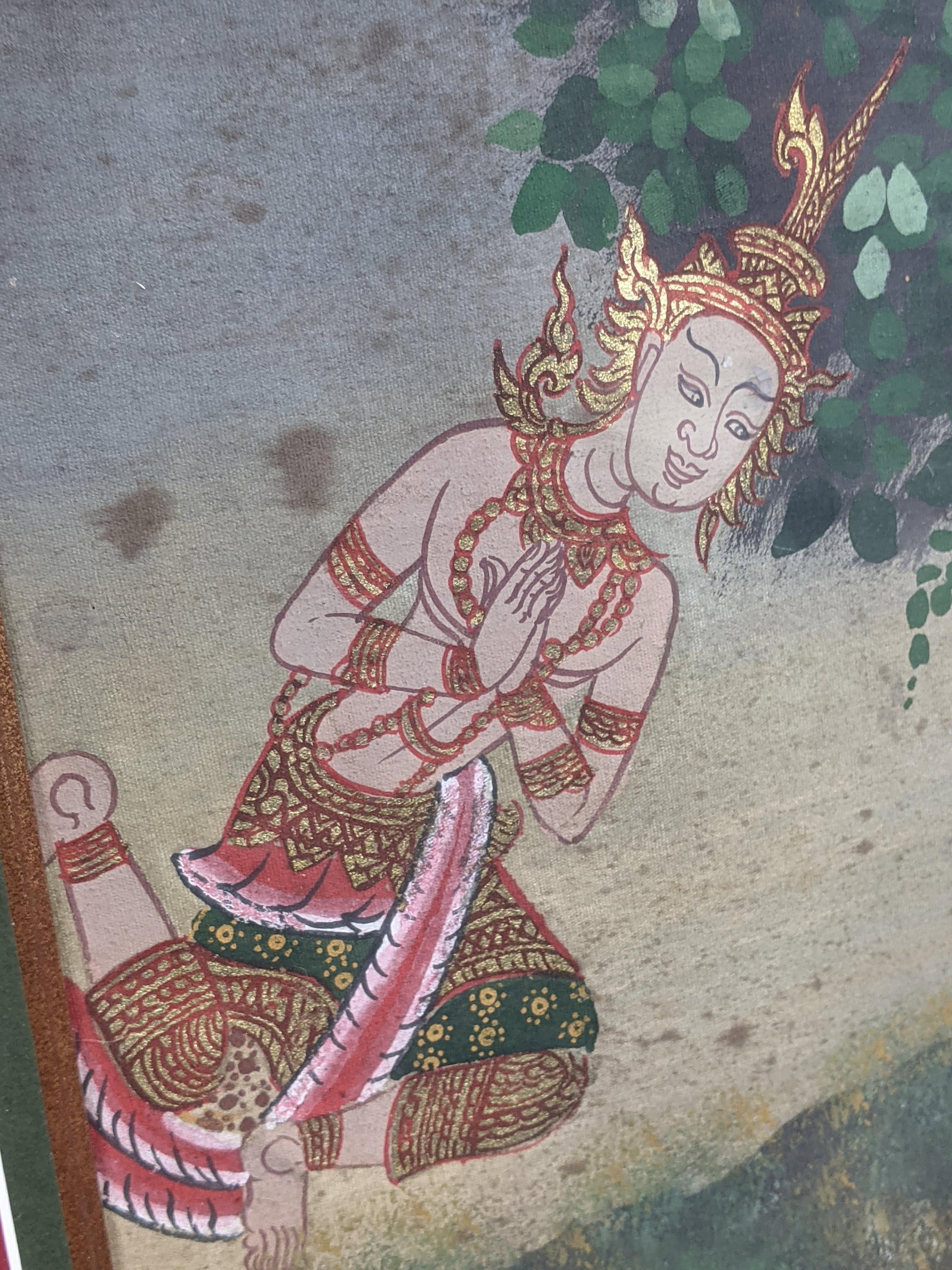 Late 20th Century Pair of Thai-Style Mythological Narrative Paintings on Cloth, Gilt Frames - 7