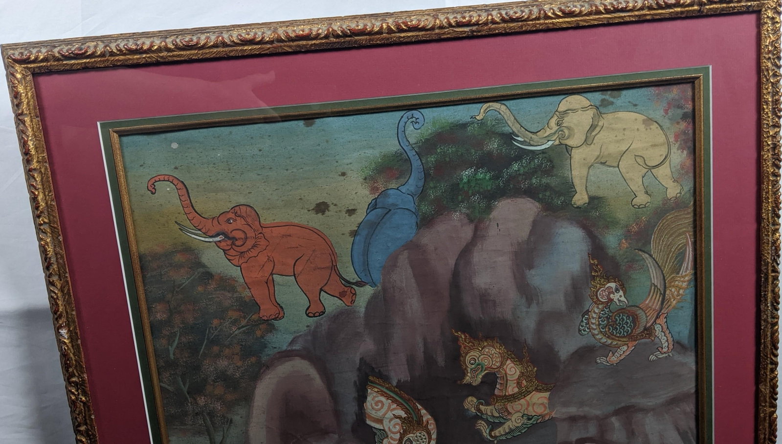 Late 20th Century Pair of Thai-Style Mythological Narrative Paintings on Cloth, Gilt Frames - 8