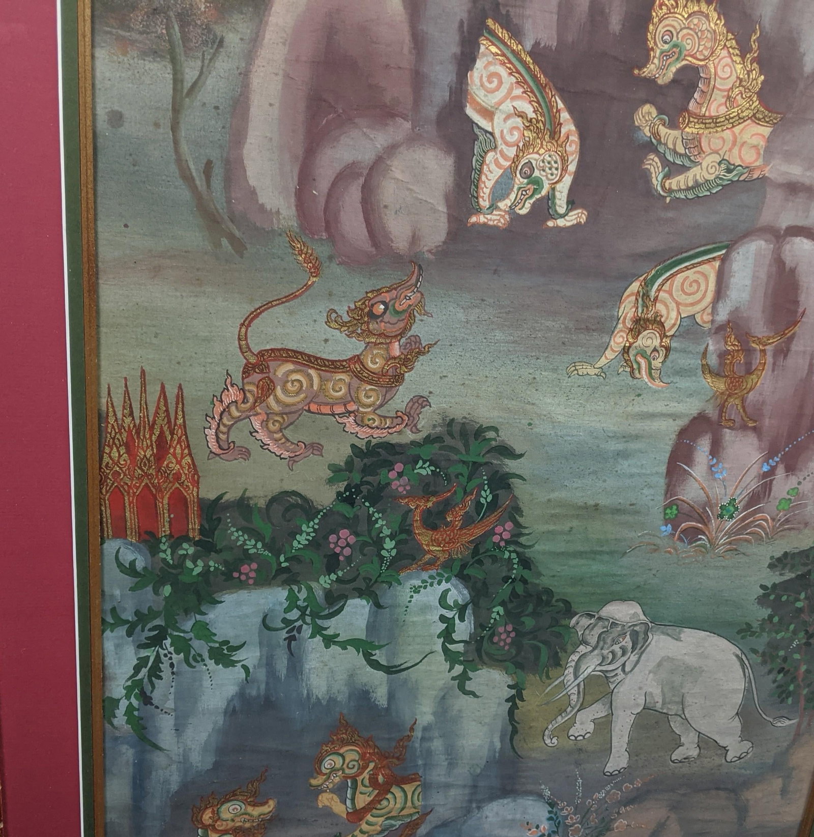 Late 20th Century Pair of Thai-Style Mythological Narrative Paintings on Cloth, Gilt Frames - 9