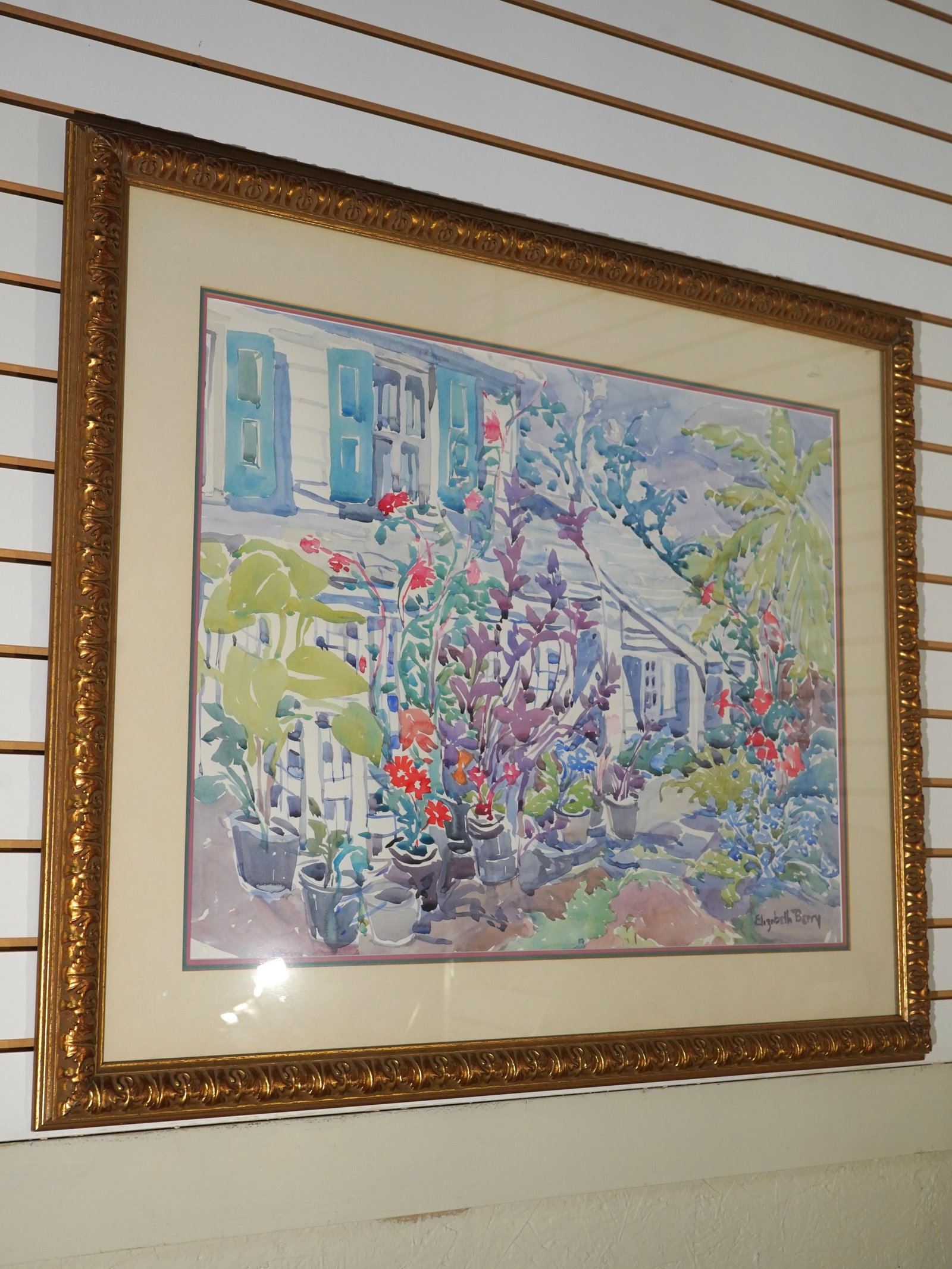 Elizabeth Berry Framed Watercolor of House & Garden - Signed - 2