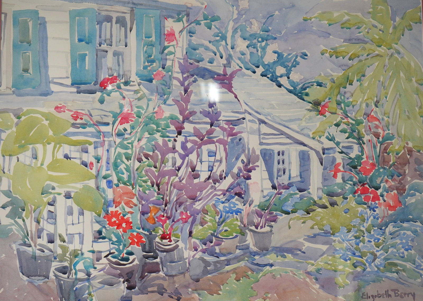 Elizabeth Berry Framed Watercolor of House & Garden - Signed - 8