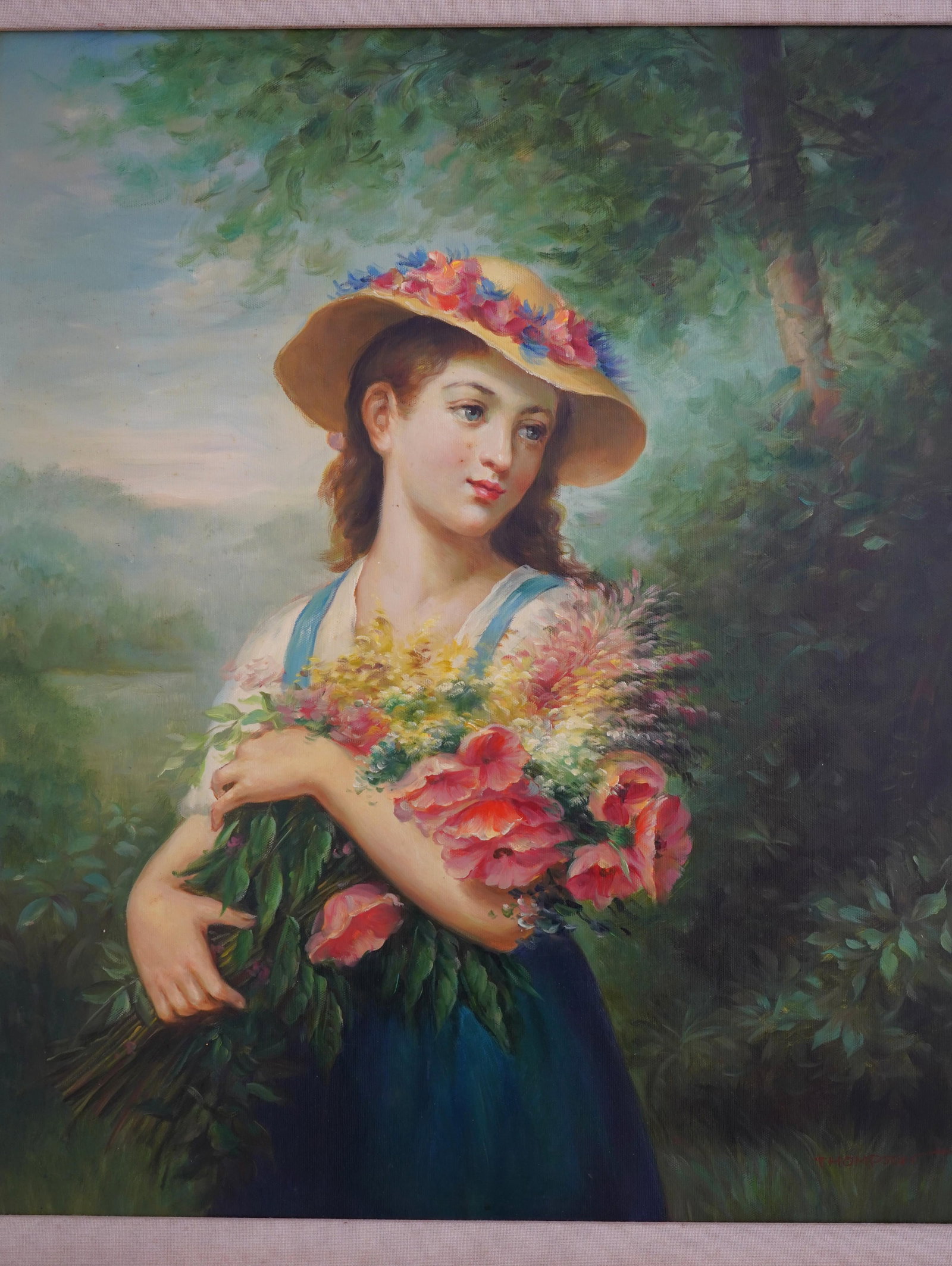 Girl With Flowers Framed Oil on Canvas Painting - 3